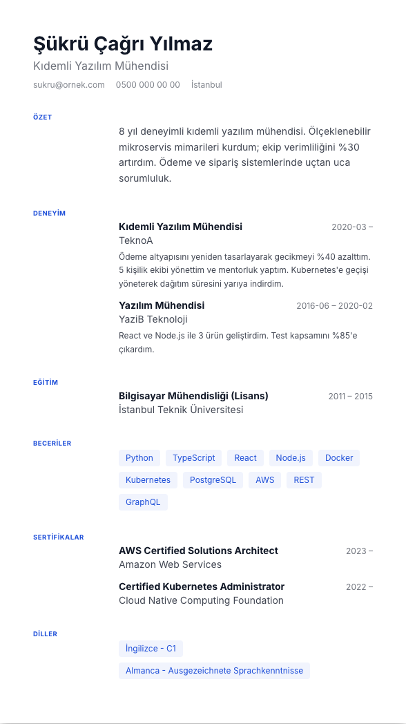 Künye CV şablonu - alternatif vurgu rengiyle