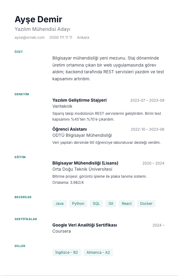 Künye CV şablonu - yeni mezun CV'si örneğiyle