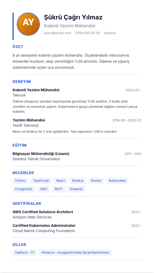 Kurumsal TR CV şablonu - alternatif vurgu rengiyle