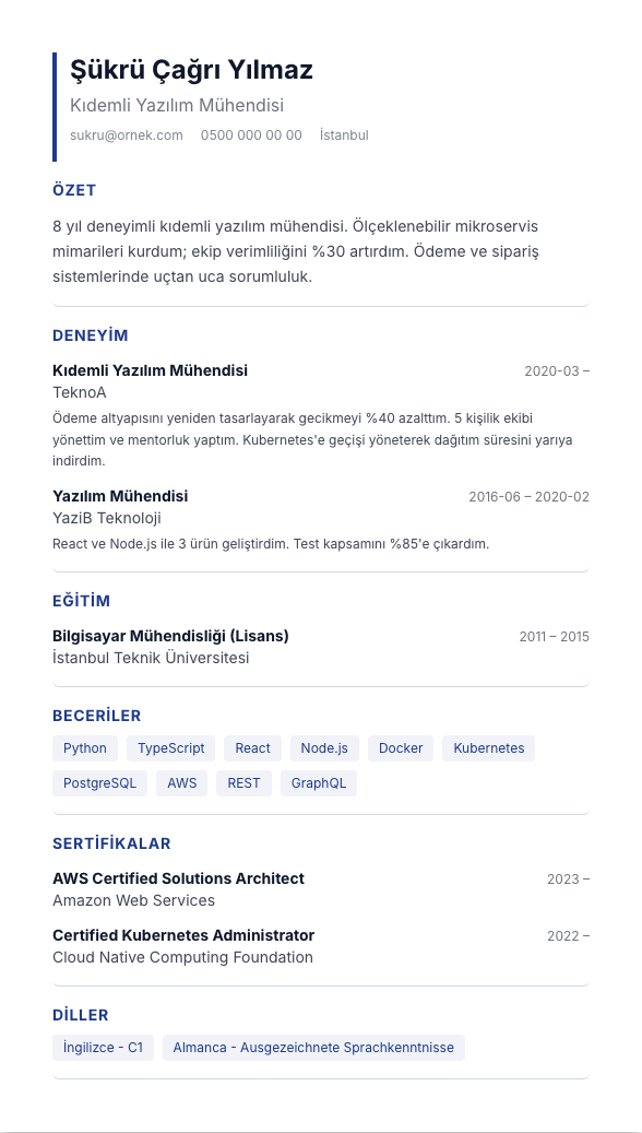 Kurumsal TR CV şablonu - fotoğrafsız kullanımıyla