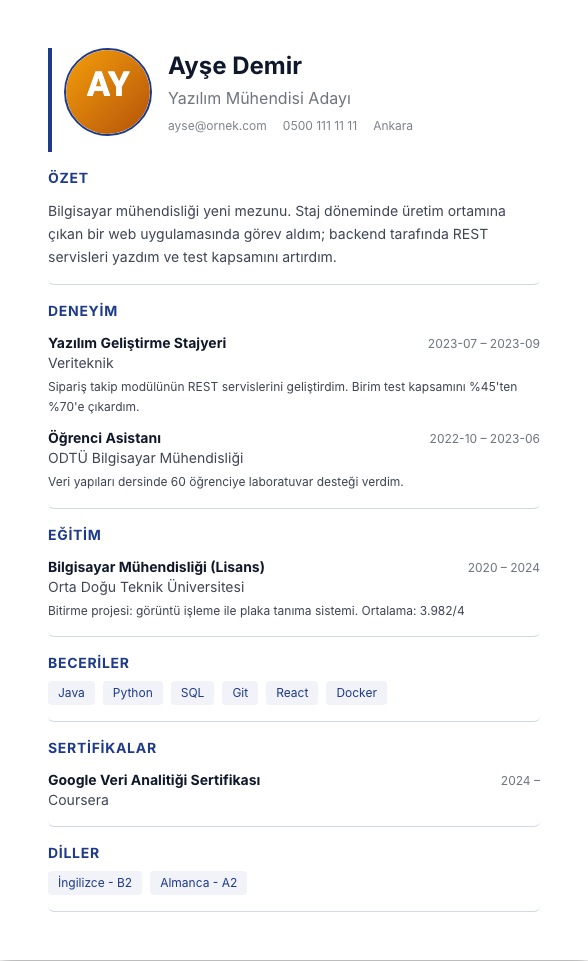 Kurumsal TR CV şablonu - yeni mezun CV'si örneğiyle