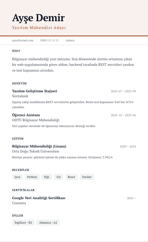 Manşet CV şablonu - yeni mezun CV'si örneğiyle