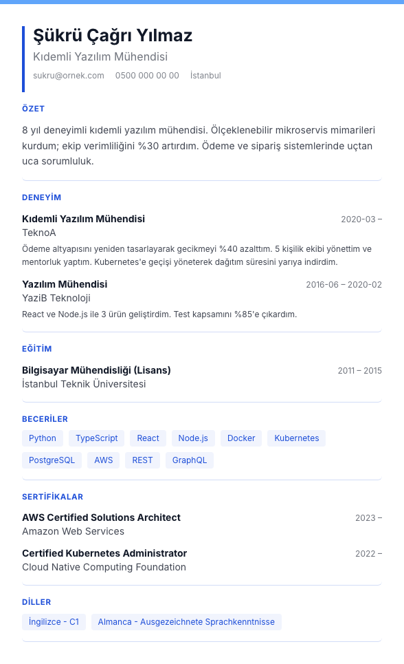 Mavi Plan CV şablonu - alternatif vurgu rengiyle