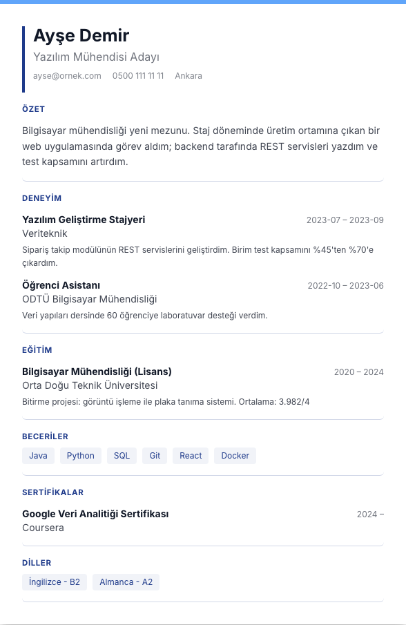 Mavi Plan CV şablonu - yeni mezun CV'si örneğiyle