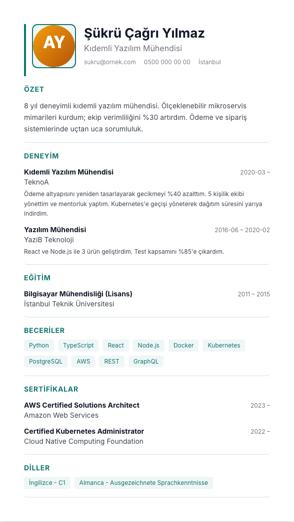 Mavi Yaka CV şablonu - alternatif vurgu rengiyle