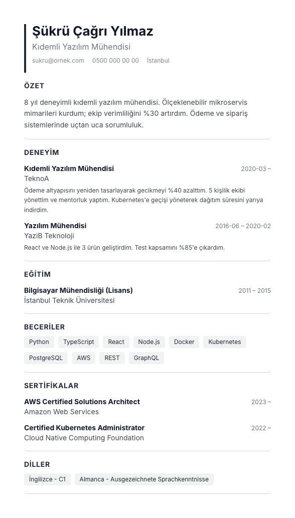 Mavi Yaka CV şablonu - fotoğrafsız kullanımıyla