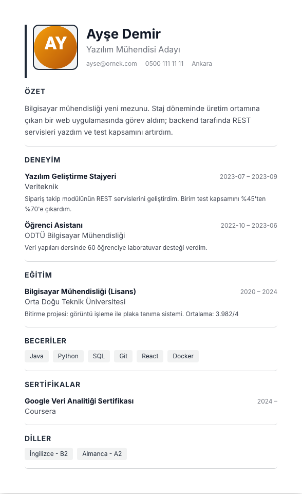 Mavi Yaka CV şablonu - yeni mezun CV'si örneğiyle