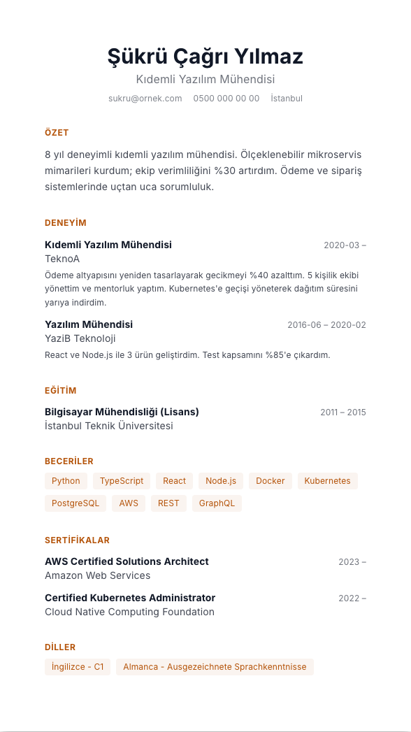 Mimari Çizgi CV şablonu - alternatif vurgu rengiyle