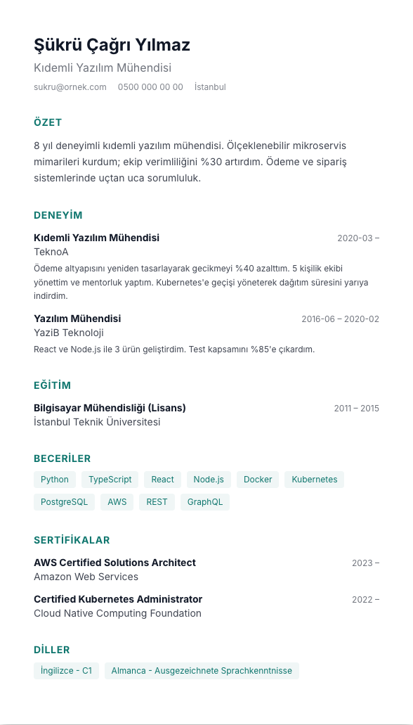 Minimal CV şablonu - alternatif vurgu rengiyle