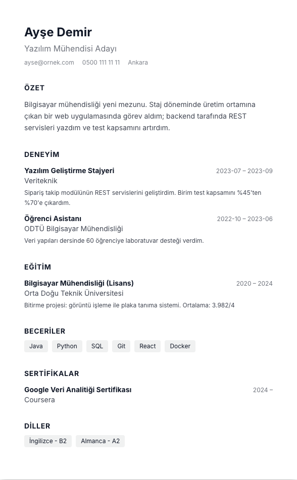 Minimal CV şablonu - yeni mezun CV'si örneğiyle