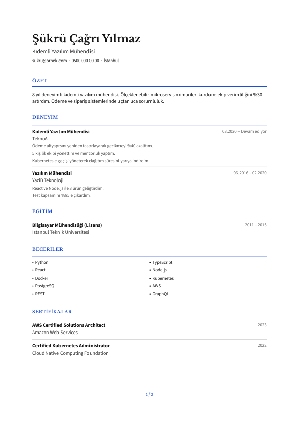 Mizan CV şablonu - alternatif vurgu rengiyle