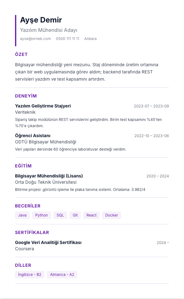 Modern Vurgu CV şablonu - yeni mezun CV'si örneğiyle