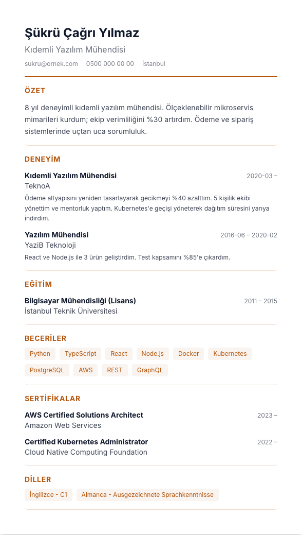 Modern TR CV şablonu - alternatif vurgu rengiyle