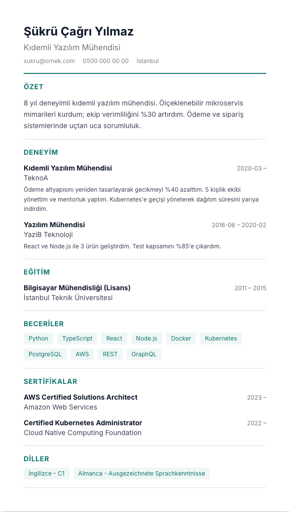 Modern TR CV şablonu önizlemesi - Temiz, fotoğrafsız, hizalı modern Türk CV'si