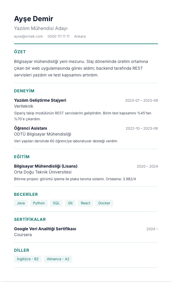 Modern TR CV şablonu - yeni mezun CV'si örneğiyle