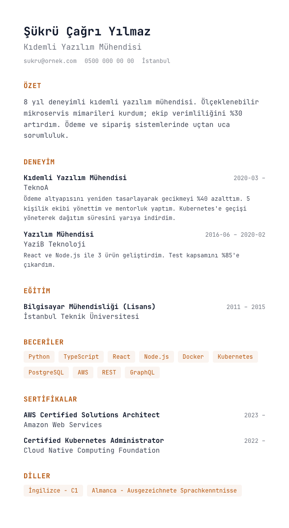 Mono Tech CV şablonu - alternatif vurgu rengiyle