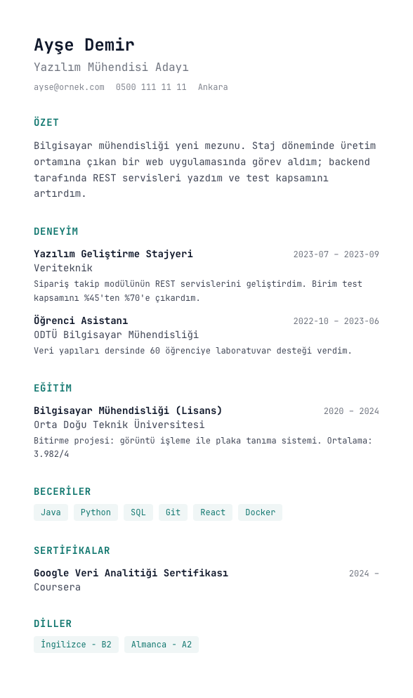 Mono Tech CV şablonu - yeni mezun CV'si örneğiyle