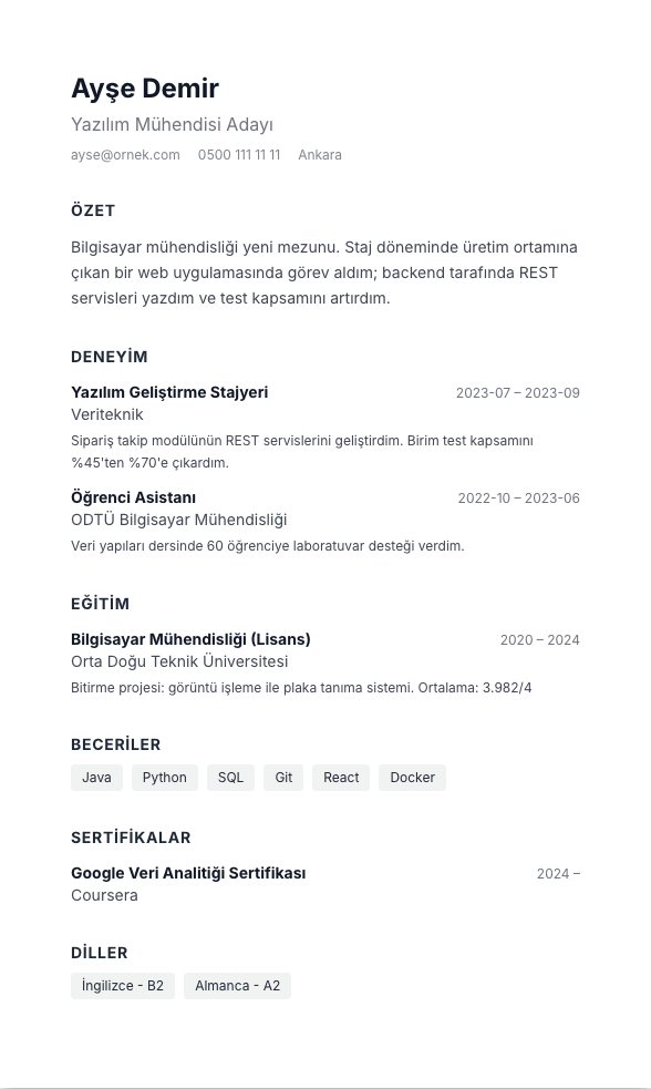 Noktalı Minimal CV şablonu - yeni mezun CV'si örneğiyle