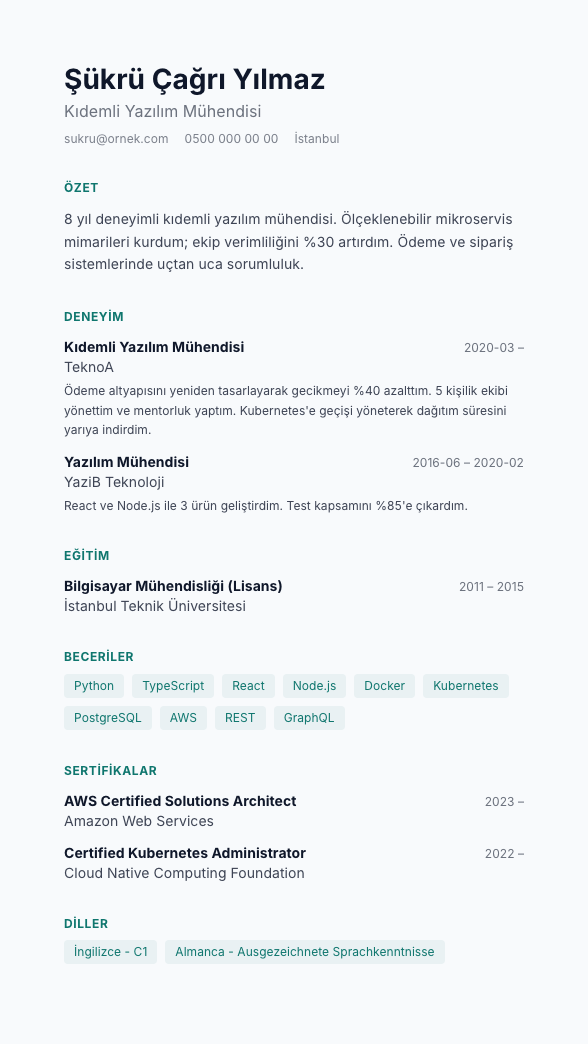 Nordik Beyaz CV şablonu - alternatif vurgu rengiyle