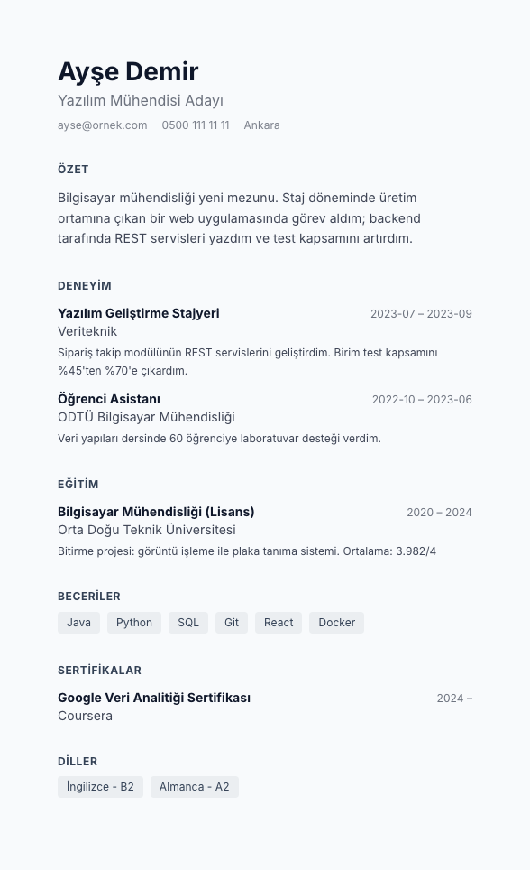Nordik Beyaz CV şablonu - yeni mezun CV'si örneğiyle