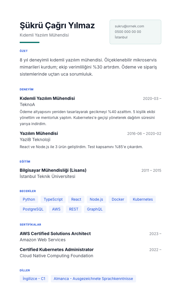Nordik CV şablonu - alternatif vurgu rengiyle