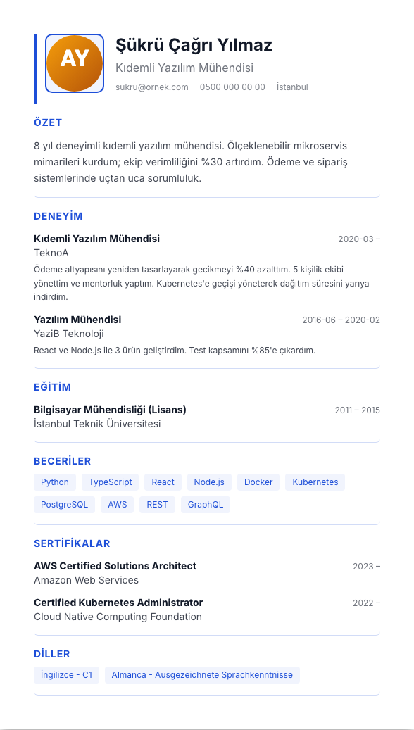 Orta Klasik TR CV şablonu - alternatif vurgu rengiyle