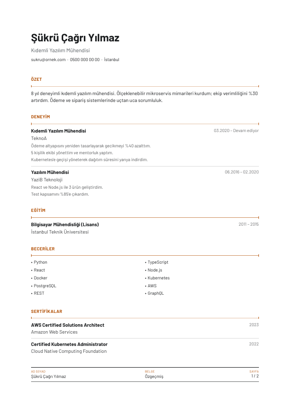Pafta CV şablonu - alternatif vurgu rengiyle