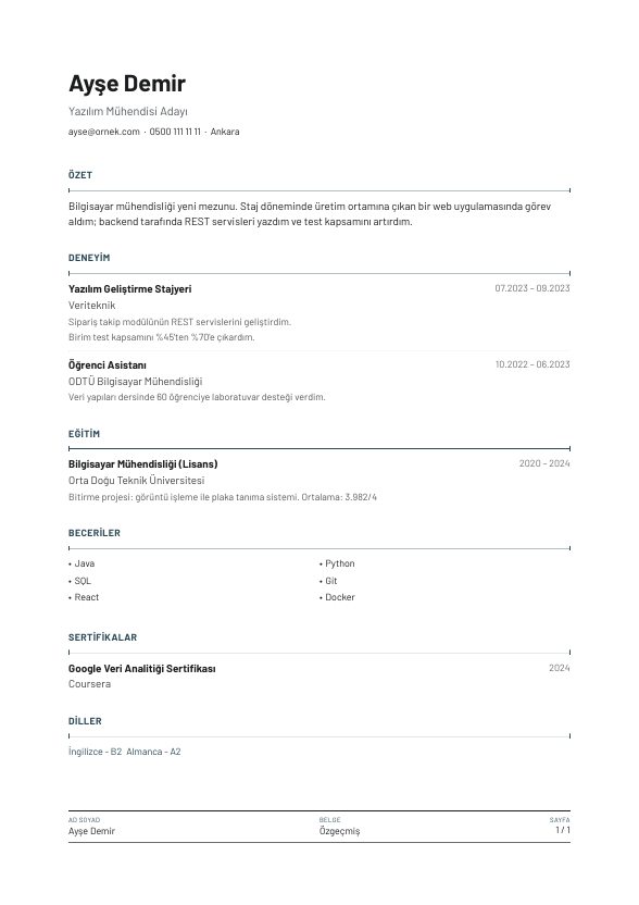 Pafta CV şablonu - yeni mezun CV'si örneğiyle