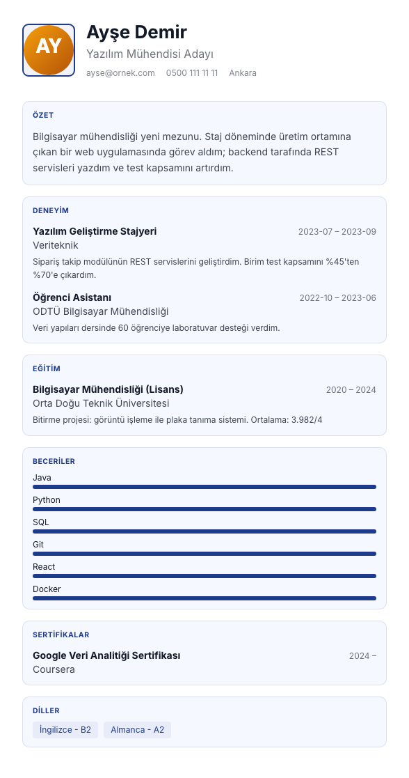 Pano CV şablonu - yeni mezun CV'si örneğiyle