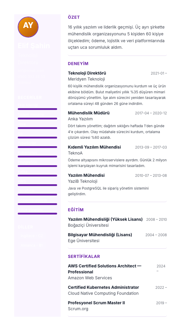 Pastel Sidebar CV şablonu - uzun kariyer geçmişi örneğiyle