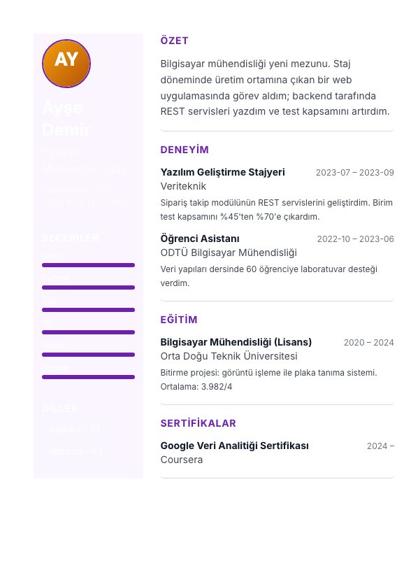 Pastel Sidebar CV şablonu - yeni mezun CV'si örneğiyle