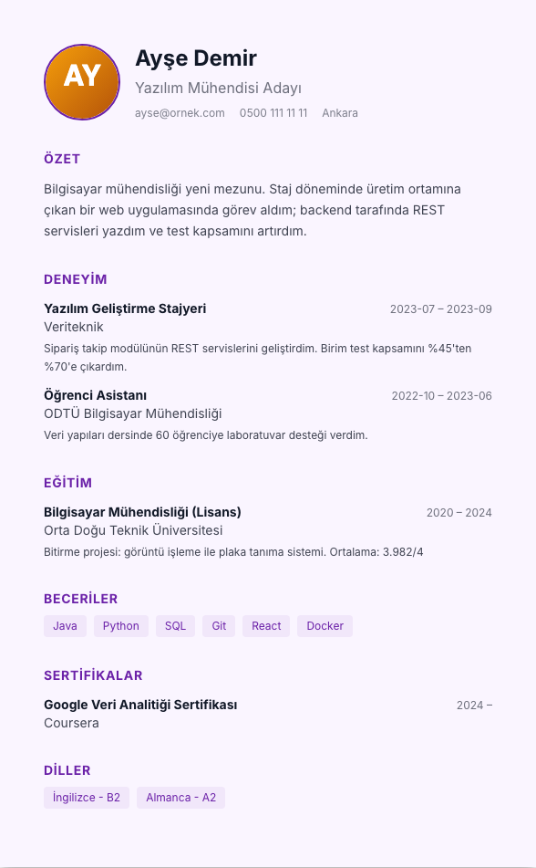 Pastel Zemin CV şablonu - yeni mezun CV'si örneğiyle