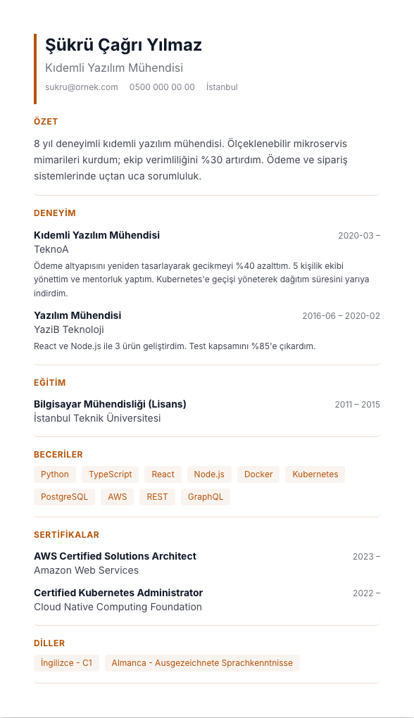 Plex Analist CV şablonu - alternatif vurgu rengiyle