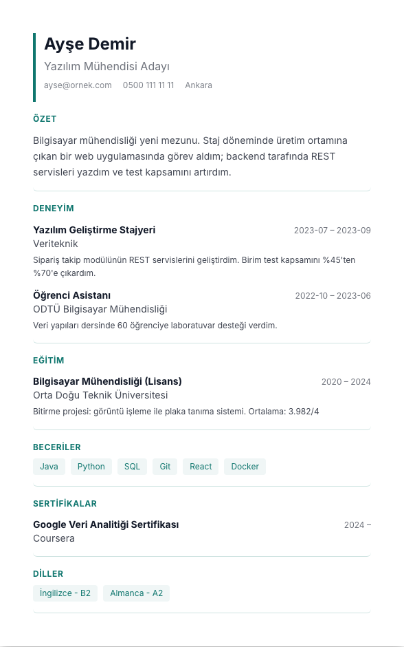 Plex Analist CV şablonu - yeni mezun CV'si örneğiyle