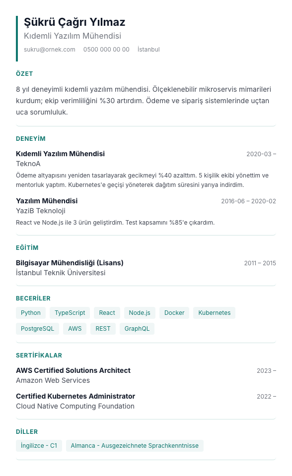 Plex Mühendis CV şablonu - alternatif vurgu rengiyle
