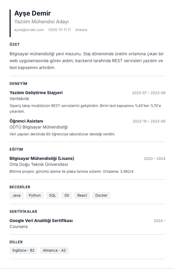 Plex Mühendis CV şablonu - yeni mezun CV'si örneğiyle
