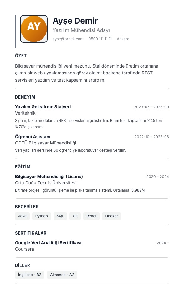 Portre Merkez CV şablonu - yeni mezun CV'si örneğiyle