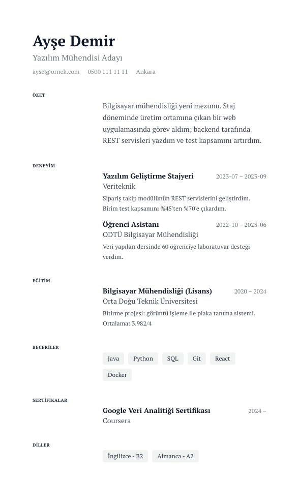 Premium CV şablonu - yeni mezun CV'si örneğiyle
