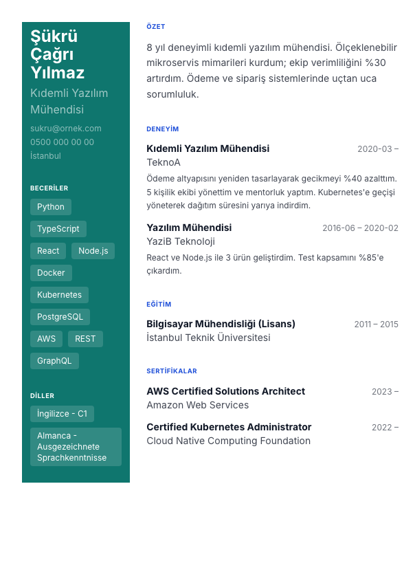 Renkli Sidebar CV şablonu - alternatif vurgu rengiyle