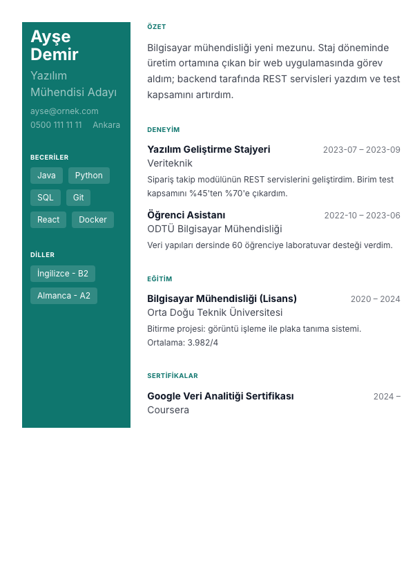Renkli Sidebar CV şablonu - yeni mezun CV'si örneğiyle
