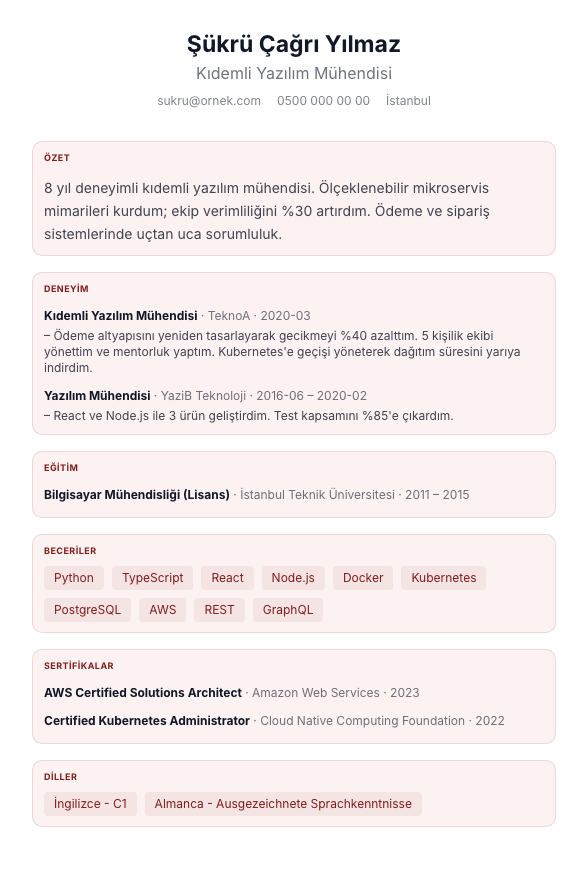 Rozet Kompakt CV şablonu önizlemesi - Katlı giriş başlıkları ve metin-rozet beceriler ile yoğun, taranabilir tek sayfa