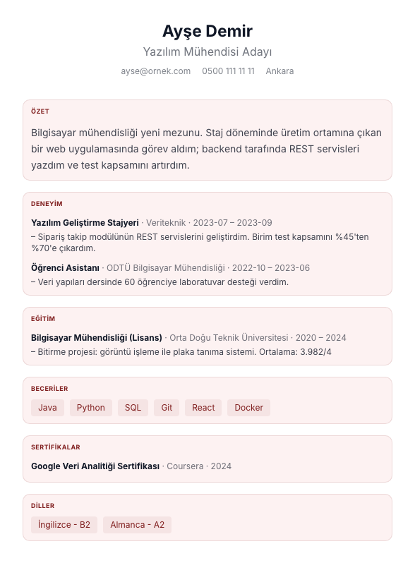 Rozet Kompakt CV şablonu - yeni mezun CV'si örneğiyle