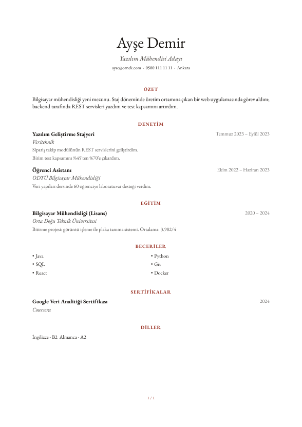 Rubrik CV şablonu - yeni mezun CV'si örneğiyle