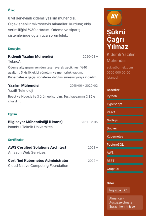 Sağ Panel CV şablonu - alternatif vurgu rengiyle