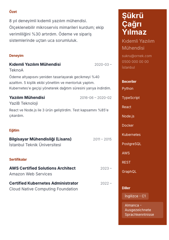 Sağ Panel CV şablonu - fotoğrafsız kullanımıyla