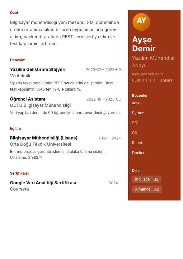 Sağ Panel CV şablonu - yeni mezun CV'si örneğiyle
