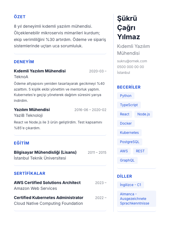 Sağ Sidebar CV şablonu - alternatif vurgu rengiyle