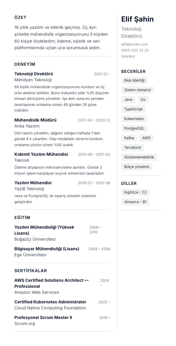 Sağ Sidebar CV şablonu - uzun kariyer geçmişi örneğiyle