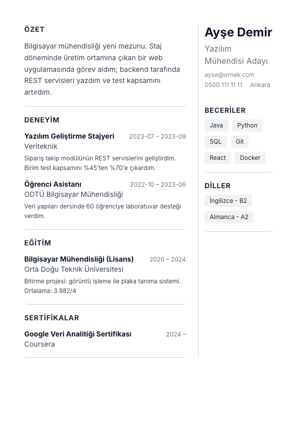 Sağ Sidebar CV şablonu - yeni mezun CV'si örneğiyle