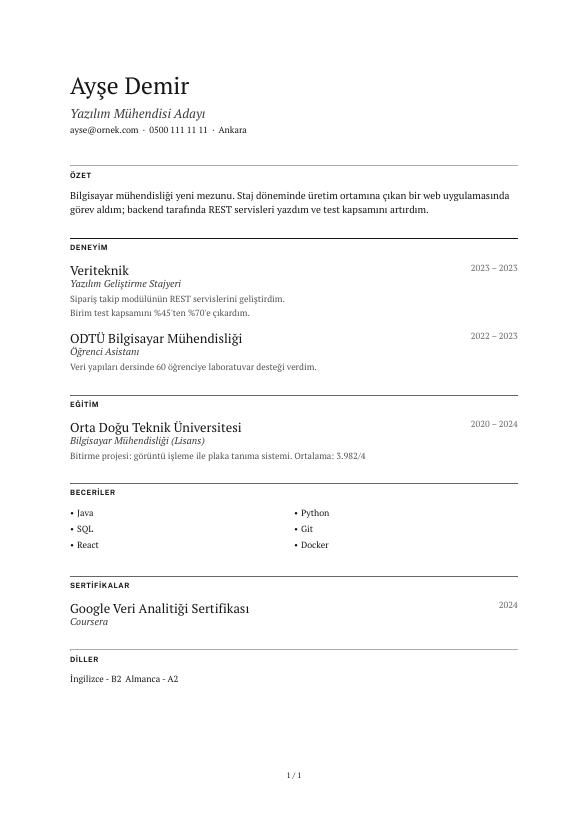 Sessiz Başlık CV şablonu - yeni mezun CV'si örneğiyle